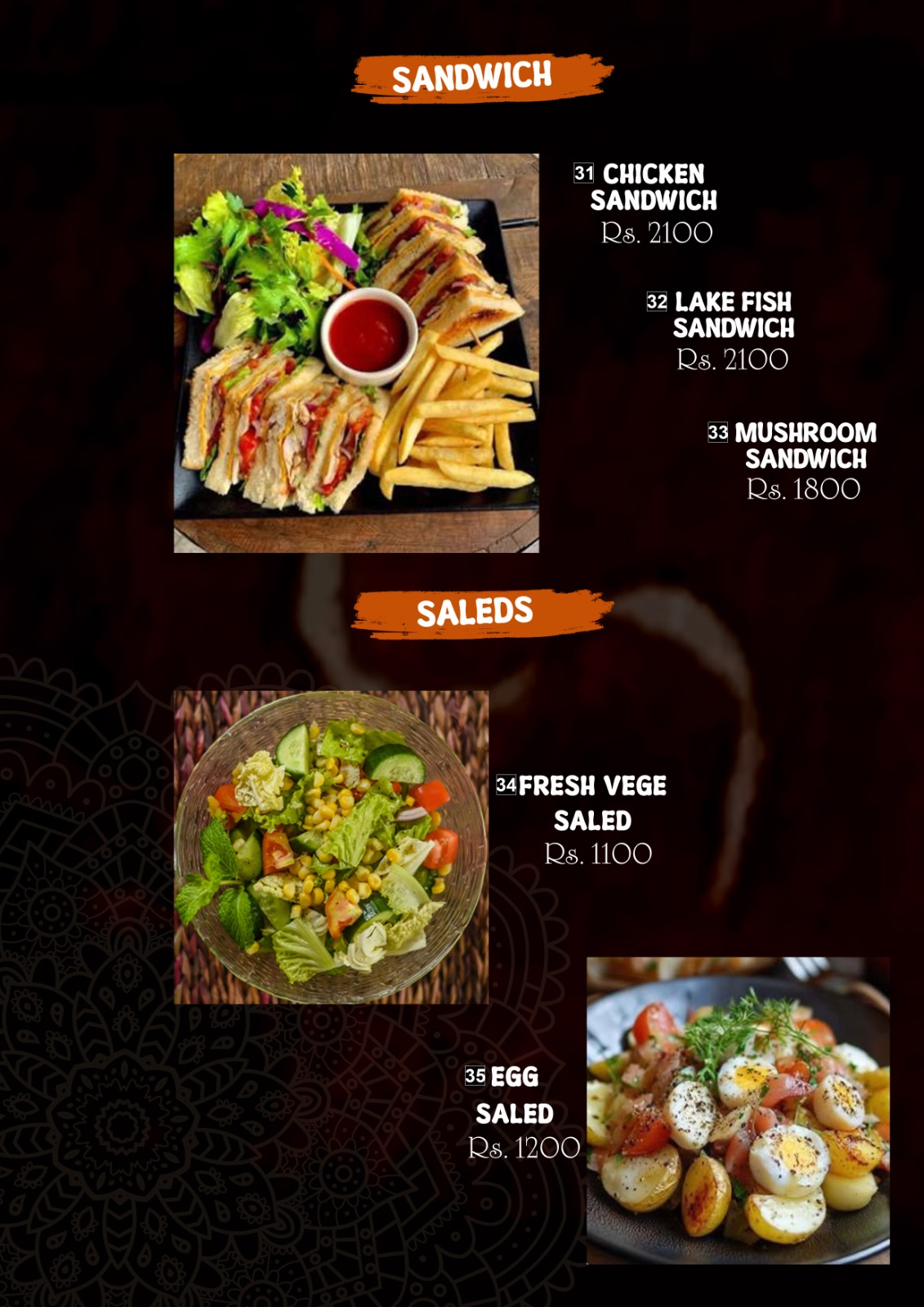 Hambu Café menu board — Sandwich and Salads page listing Chicken, Lake Fish and Mushroom sandwiches, plus Fresh Vege and Egg salads with prices